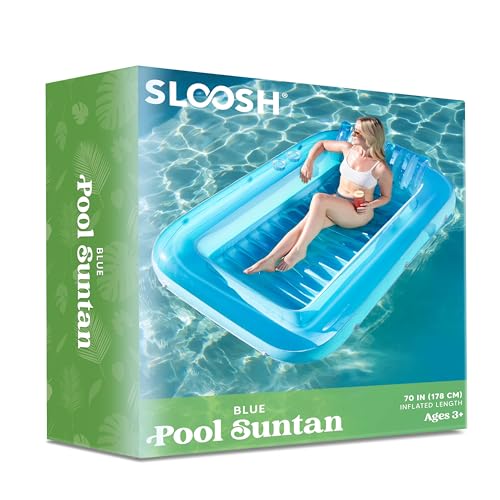 Sloosh Inflatable Tanning Pool Lounge Float, 70" x 46" Suntan Tub Raft Floatie, Tanning Pool with Pillow, Personal Pool Lounger for Adult Summer Water Party, L-Blue