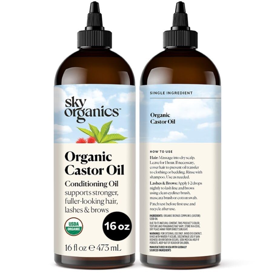 Sky Organics Castor Oil (2x16oz) USDA Organic Cold-Pressed Unrefined100% Pure Hexane-Free Castor Oil Conditioning & Healing For Dry Skin, Hair Growth for Eyelashes & Eyebrows with Exclusive Ebook