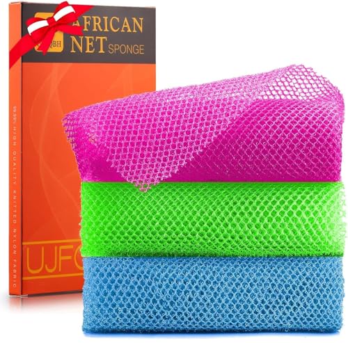 3 Pieces African Bath Sponge African Net Long Net Bath Sponge Exfoliating Shower Body Scrubber Back Scrubber Skin Smoother,Great for Daily Use (Black、Blue、Brown)