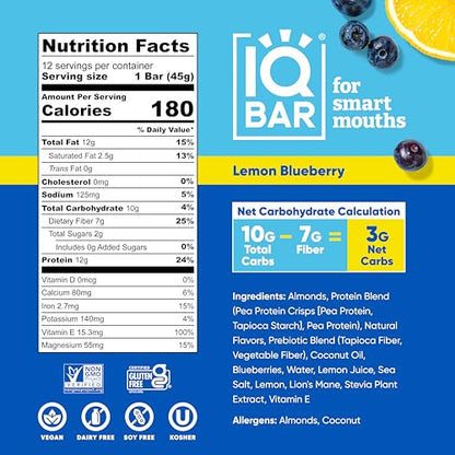 IQBAR Brain and Body Plant Protein Bars - Almond Butter Chip - 12 Count, Low Carb, High Fiber, Gluten Free, Vegan Snacks - Low Sugar Keto Energy Bars