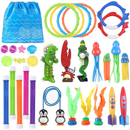 30 Packs Summer Pool Diving Swimming Essentials Toys for Kids, Fun Swim Games Sinking Set, Underwater Dive Gifts with Storage Bag Include Torpedo Gems Shark Rings Sea Animals for Boys Girls Toddlers