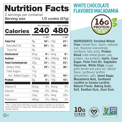 Lenny & Larry's The Complete Cookie, White Chocolate Flavored Macadamia, Soft Baked, 16g Plant Protein, Vegan, Non-GMO, 4 Ounce Cookie (Pack of 12)