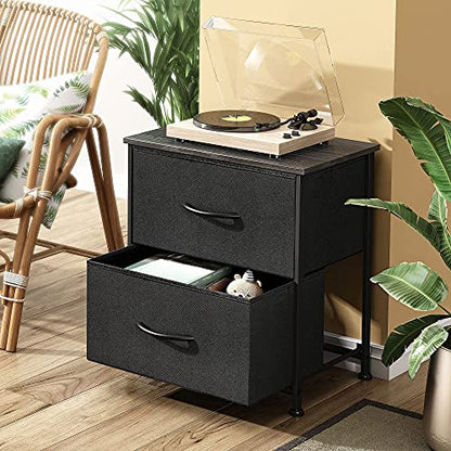 WLIVE Black Nightstand, Small Dresser for Bedroom with 2 Fabric Drawer, Bed Side Table with Drawers, End Table Bedside Furniture, Sturdy Steel Frame, Wood Top, Closet Organizer, College Dorm