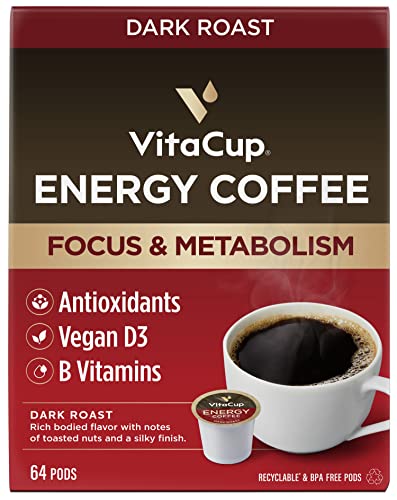 VitaCup Mushroom Coffee Pods - Boost Focus & Immunity with Lions Mane, Chaga, Vitamins, for Memory & Clarity, Recyclable K-Cup Pods, 16 Ct