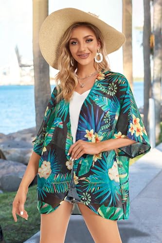 Women's Floral Print Puff Sleeve Kimono Cardigan Loose Cover Up Casual Blouse Tops