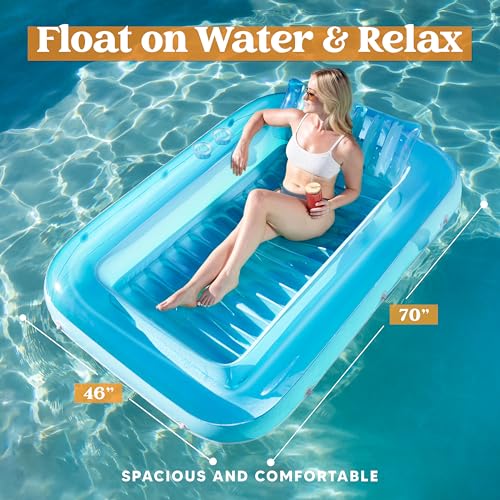 Sloosh Inflatable Tanning Pool Lounge Float, 70" x 46" Suntan Tub Raft Floatie, Tanning Pool with Pillow, Personal Pool Lounger for Adult Summer Water Party, L-Blue