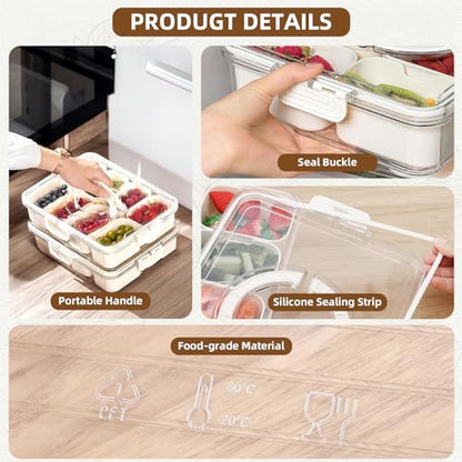 Snackle Box Charcuterie Container- Divided Serving Tray with Lid and Handle- Clear Plastic Portable Snack Box with 8 Compartment for Fruit, Veggie, Candy, Nuts, Picnic, Travel, Entertaining