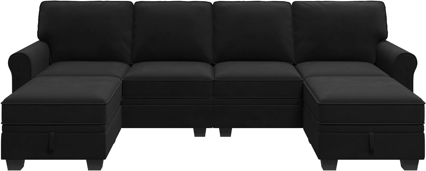 HONBAY Sectional Sofa with Storage Seat Velvet U Shaped Sectional Couch with Reversible Chaise Convertible Sectional Couches for Living Room,Black Velvet