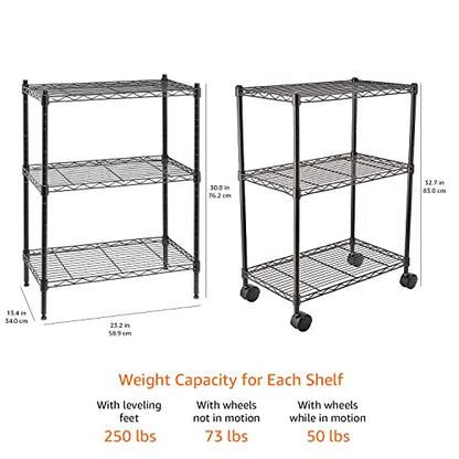 Amazon Basics 3-Shelf Adjustable, Heavy Duty Storage Shelving Unit (250 lbs loading capacity per shelf), Steel Organizer Wire Rack, 23.2"L x 13.4"W x 30"H, Black