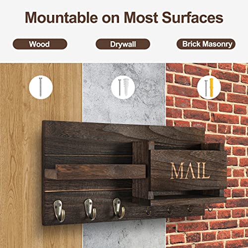 Mail Organizer for Wall Mount – Key Holder with Shelf includes Letter Holder and Hooks for Hallway Farmhouse Decor – Rustic Wood with Flush Mounting Hardware (16.5” x 9.1” x 3.4”) (Black)