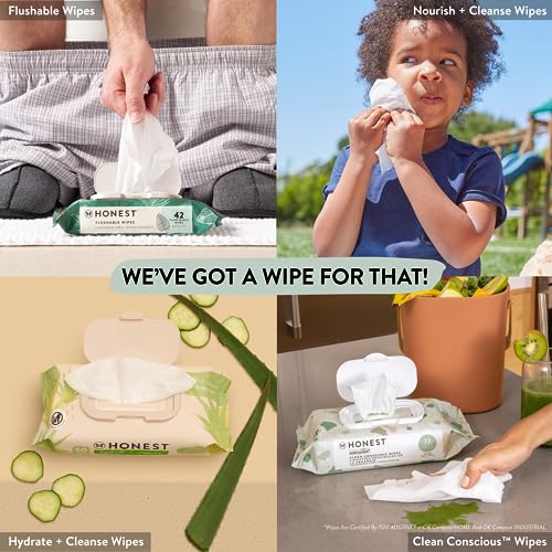 The Honest Company Plant-Based Flushable Wipes | 99% Water, Hypoallergenic, EWG Verified, Safe to Flush | Fragrance Free, 42 Count