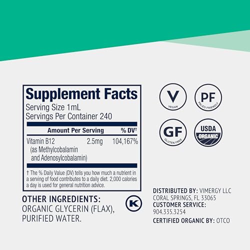 Vimergy USDA Organic B12, 30 Servings – Alcohol Free B-12 Liquid Vitamin - Supports Brain Energy, Nervous System, Cognition, Memory - No Gluten, Non-GMO, Vegan & Paleo - Naturally Sweet Flavor (30 ml)