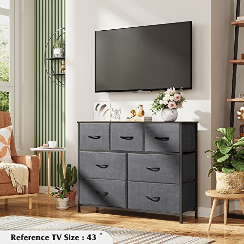 WLIVE Dresser TV Stand, Entertainment Center with Fabric Chest of Drawers for Bedroom, Media Console Table with Metal Frame and Wood Top for TV up to 45 inch, Rustic Brown Wood Grain Print