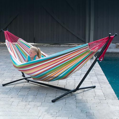 Vivere Double Hammock with Space Saving Steel Stand, Natural (450 lb Capacity - Premium Carry Bag Included)