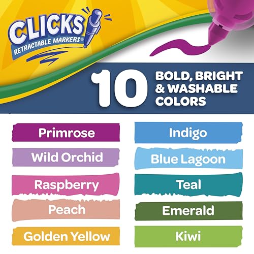 Crayola Clicks Retractable Tip Markers (10ct), Washable Art Marker Set, Coloring Markers for Kids, Back to School Supplies, 3+