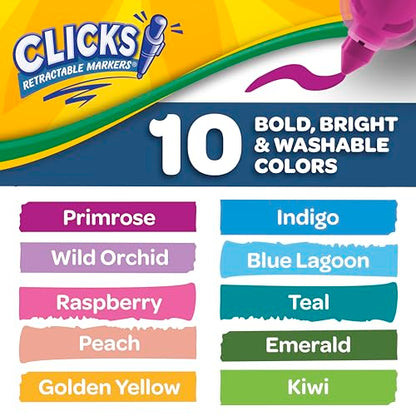 Crayola Clicks Retractable Tip Markers (10ct), Washable Art Marker Set, Coloring Markers for Kids, Back to School Supplies, 3+