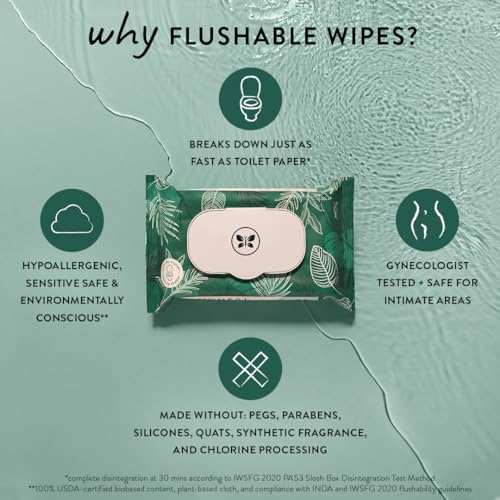 The Honest Company Plant-Based Flushable Wipes | 99% Water, Hypoallergenic, EWG Verified, Safe to Flush | Fragrance Free, 42 Count