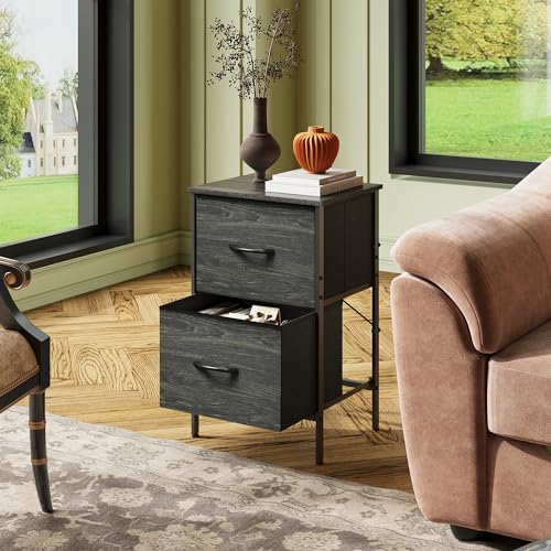 WLIVE Black Nightstand, Small Dresser for Bedroom with 2 Fabric Drawer, Bed Side Table with Drawers, End Table Bedside Furniture, Sturdy Steel Frame, Wood Top, Closet Organizer, College Dorm