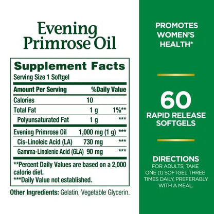 Nature's Bounty Evening Primrose Oil, Promotes Women's Health, 1000 mg Evening Primrose Oil, 60 Rapid Release Softgels