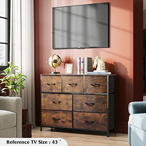 WLIVE Dresser TV Stand, Entertainment Center with Fabric Chest of Drawers for Bedroom, Media Console Table with Metal Frame and Wood Top for TV up to 45 inch, Rustic Brown Wood Grain Print