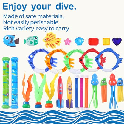 30 Packs Summer Pool Diving Swimming Essentials Toys for Kids, Fun Swim Games Sinking Set, Underwater Dive Gifts with Storage Bag Include Torpedo Gems Shark Rings Sea Animals for Boys Girls Toddlers