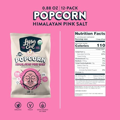 LesserEvil Himalayan Pink Salt Organic Popcorn, Premium Quality, Minimally Processed, No Vegetable Oil, 0.46 Oz, Pack of 24