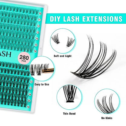 VAVALASH DIY Lash Extension Kit 280 Clusters Individual Lashes Kit 30D 40D 0.07D-10-16mm Lash Clusters, Lash Bond and Seal, Lash Tweezer for DIY Eyelash Extension at Home（Kit-30D+40D-0.07D-10-16MIX）