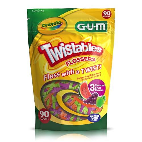 GUM Crayola Twistables Kids Flossers with Fluoride - Designed for Little Hands - Three Fun Fruit Flavors - Easy to Use Kids Floss Picks for Children Ages 3+, 90 ct (4pk)