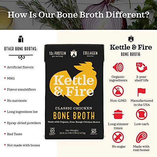 Kettle and Fire Classic Beef Bone Broth, Keto, Paleo, and Whole 30 Approved, Gluten Free, High in Protein and Collagen (6 Pack)