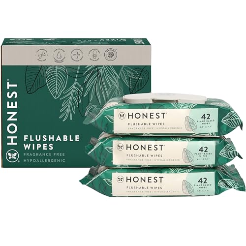 The Honest Company Plant-Based Flushable Wipes | 99% Water, Hypoallergenic, EWG Verified, Safe to Flush | Fragrance Free, 42 Count