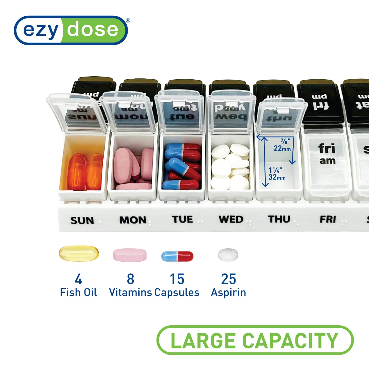 EZY DOSE Weekly (7-Day) AM/PM Pill Case, Medicine Planner, Vitamin Organizer Box, Small Pop-out Compartments, 2 Times a Day, Blue and Purple Lids, BPA Free