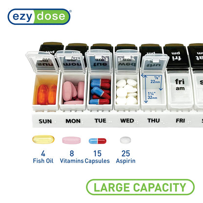 EZY DOSE Weekly (7-Day) AM/PM Pill Case, Medicine Planner, Vitamin Organizer Box, Small Pop-out Compartments, 2 Times a Day, Blue and Purple Lids, BPA Free