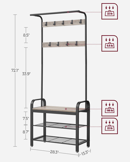 VASAGLE Coat Rack, Hall Tree with Shoe Bench for Entryway, Entryway Bench with Coat Rack, 4-in-1, with 9 Removable Hooks, a Hanging Rod, 13.3 x 28.3 x 72.1 Inches, Honey Brown and Black UHSR040B05