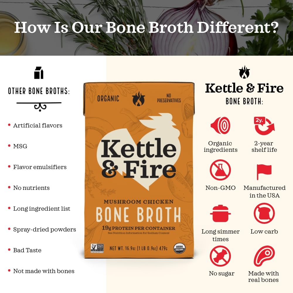 Kettle and Fire Classic Beef Bone Broth, Keto, Paleo, and Whole 30 Approved, Gluten Free, High in Protein and Collagen (6 Pack)