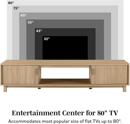 Walker Edison Walton Modern Fluted-Door Low Stand for TVs up to 80 Inches, 70 Inch, Coastal Oak