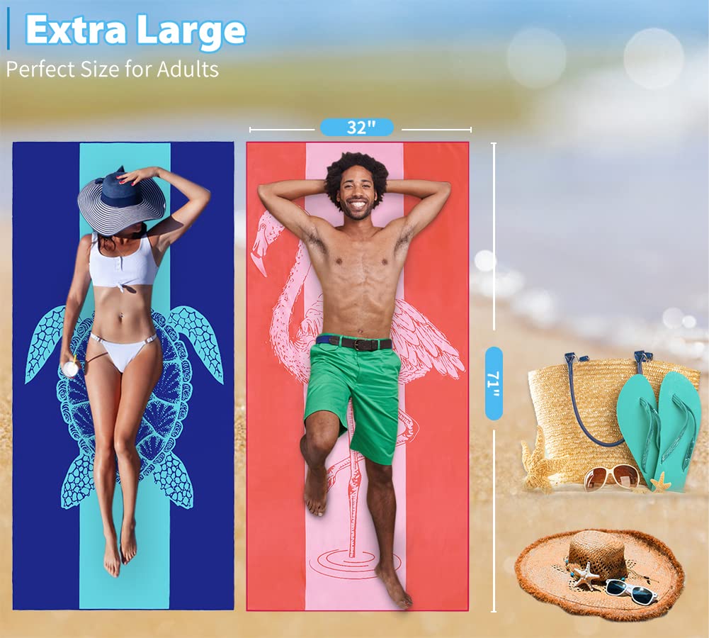 2 Pack Microfiber Oversized Lightweight Beach Towel 71"x32" XL Extra Large Thin Sand Free Towels Travel Swim Pool Yoga Gym Camping for Adults Women Men Beach Essentials Accessories Vacation Gift