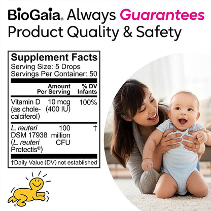 BioGaia Baby Probiotic Drops - Colic & Gas Relief + Vitamin D, 50-Day Supply, Safe for Newborns, Reduces Crying, Fussing, Colic, Gas, Spit-ups & Constipation, No allergens, dairy or soy