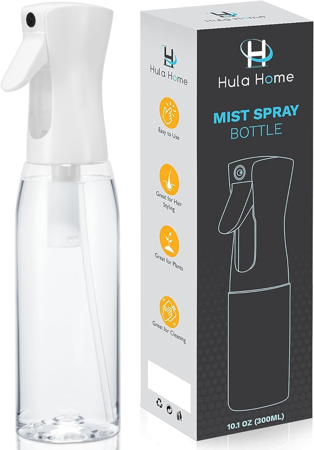 Hula Home Spray Bottle for Hair (10.1oz/300ml) Continuous Empty Ultra Fine Plastic Water Mist Sprayer – For Hairstyling, Cleaning, Salons, Plants, Essential Oil Scents & More - Black