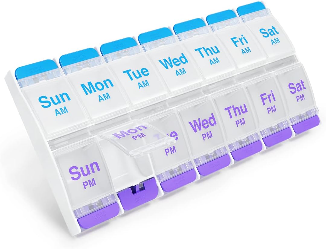 EZY DOSE Push Button (7-Day) Pill Case, Medicine Planner, Vitamin Organizer, 2 Times a Day AM/PM, X-Large Compartments, Arthritis Friendly, Clear Lids, Purple and Blue, BPA Free