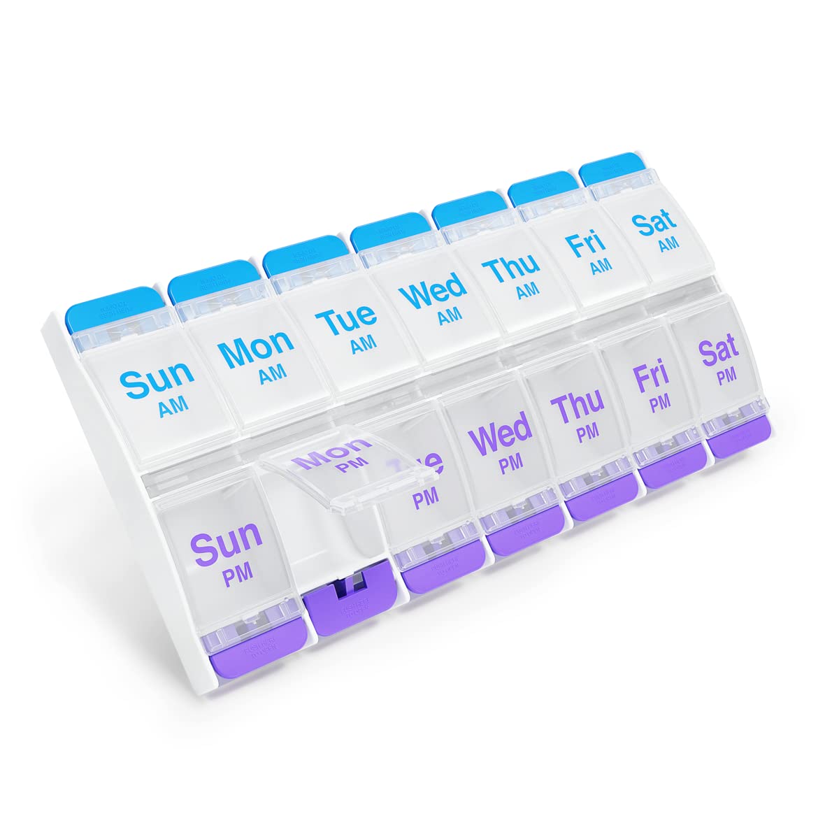 EZY DOSE Push Button (7-Day) Pill Case, Medicine Planner, Vitamin Organizer, 2 Times a Day AM/PM, X-Large Compartments, Arthritis Friendly, Clear Lids, Purple and Blue, BPA Free