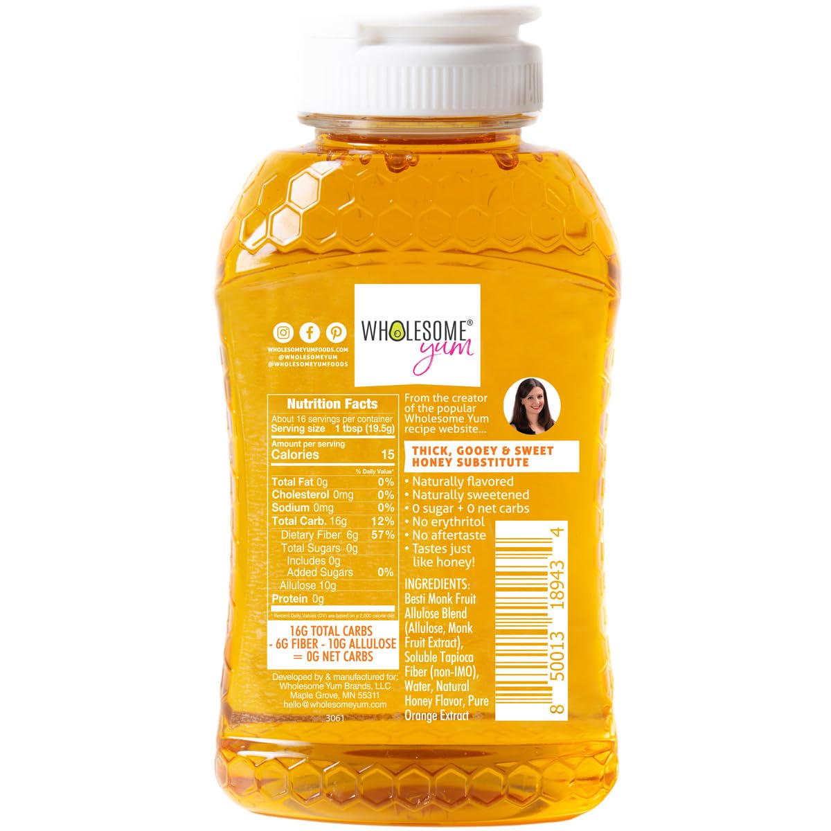 Wholesome Yum Zero Sugar Honey Substitute (Keto Honey) - Natural Sugar Free Honey Alternative With Monk Fruit & Allulose - Zero Net Carbs, Non GMO, Gluten Free, No Aftertaste (11 oz)