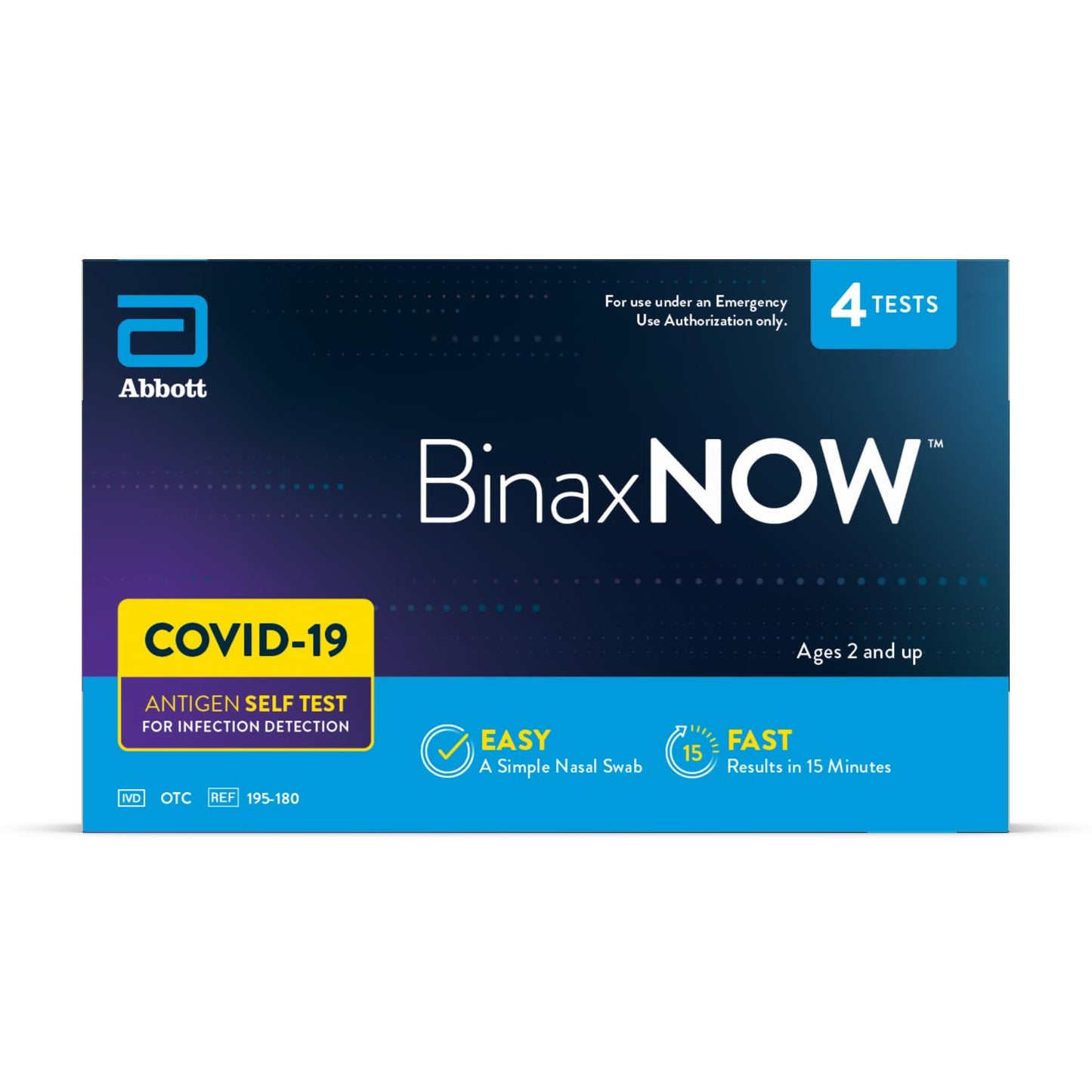 BinaxNOW COVID-19 Antigen Self Test, 1 Pack, 4 Tests Total, COVID Test With 15-Minute Results Without Sending to a Lab, Easy to Use at Home