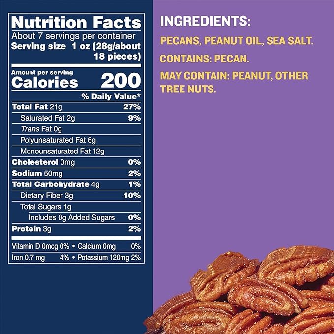 PLANTERS Roasted Pecan Nuts, Party Snacks, Plant-Based Protein, Nuts for Baking, Quick Snack for Adults, After School Snack, Roasted Pecans, Flavored with Sea Salt, Kosher, 7.25oz Canister