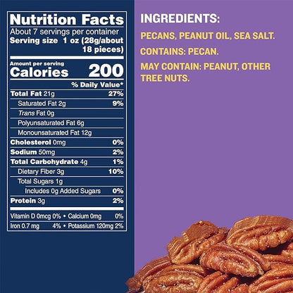 PLANTERS Roasted Pecan Nuts, Party Snacks, Plant-Based Protein, Nuts for Baking, Quick Snack for Adults, After School Snack, Roasted Pecans, Flavored with Sea Salt, Kosher, 7.25oz Canister