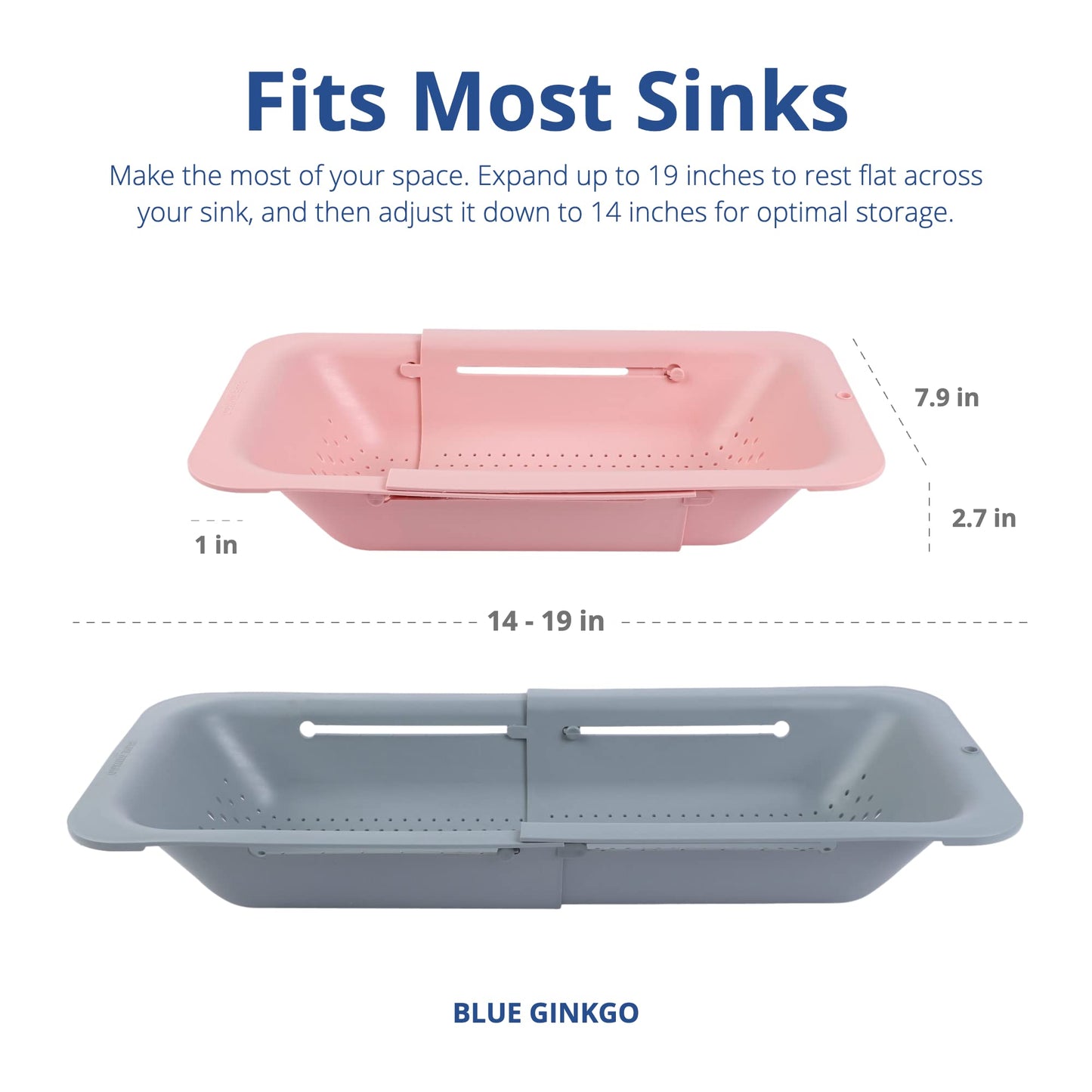 BLUE GINKGO Over the Sink Colander Strainer Basket - Wash Vegetables and Fruits, Drain Cooked Pasta and Dry Dishes - Extendable - New Home Kitchen Essentials (7.9 W x 14.5-19.5 L x 2.75 H) (Pink)