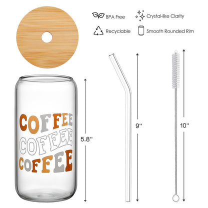 NETANY Drinking Glasses with Bamboo Lids and Glass Straw 4pcs Set - 16oz Can Shaped Glass Cups, Beer Glasses, Iced Coffee Glasses, Cute Tea Cup, Ideal for Cocktail, Whiskey, Gift - 2 Cleaning Brushes