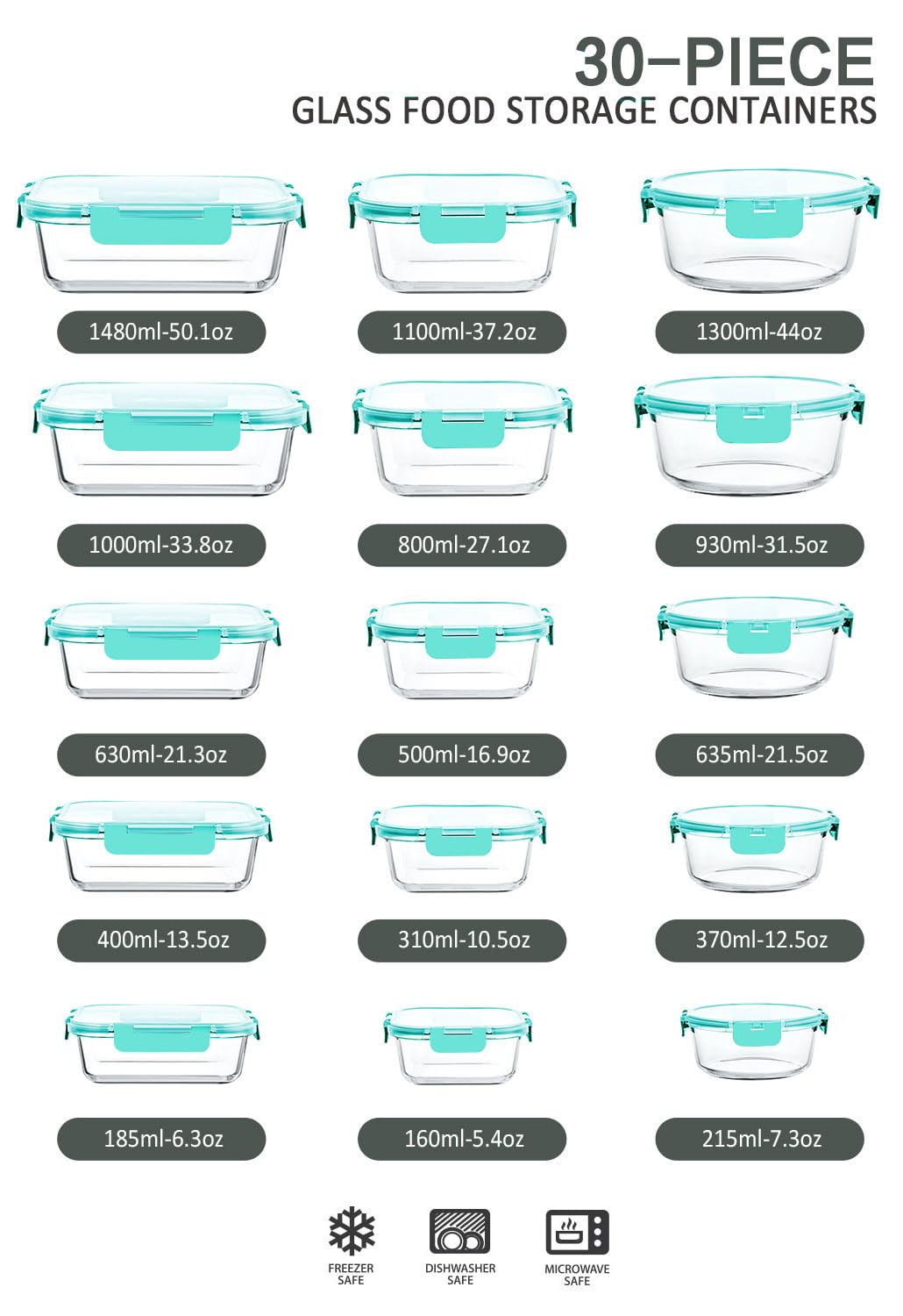 M MCIRCO 30 Pieces Glass Food Storage Containers with Upgraded Snap Locking Lids,Glass Meal Prep Set - Airtight Lunch Containers, Microwave, Oven, Freezer and Dishwasher Friendly (Green)