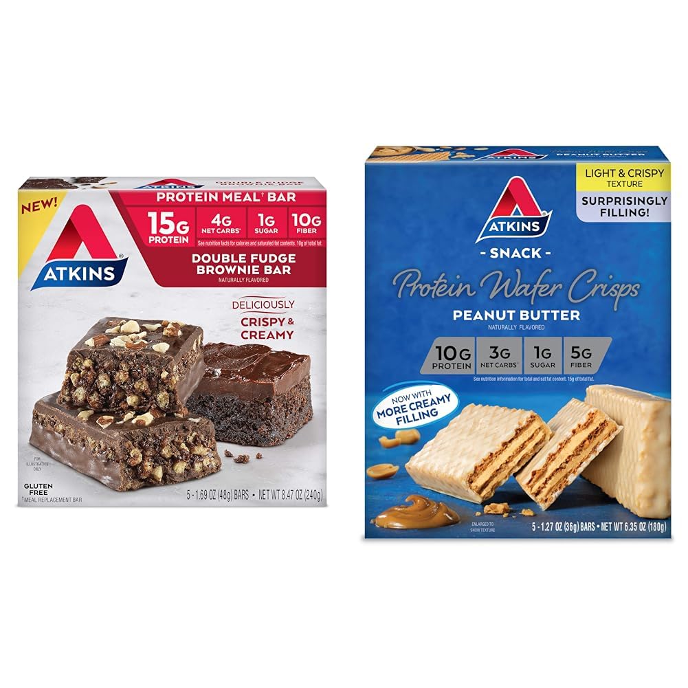 Atkins Double Fudge Brownie Protein Meal Bar, High Fiber, 15g Protein, 1g Sugar, 4g Net Carb, Meal Replacement, Keto Friendly