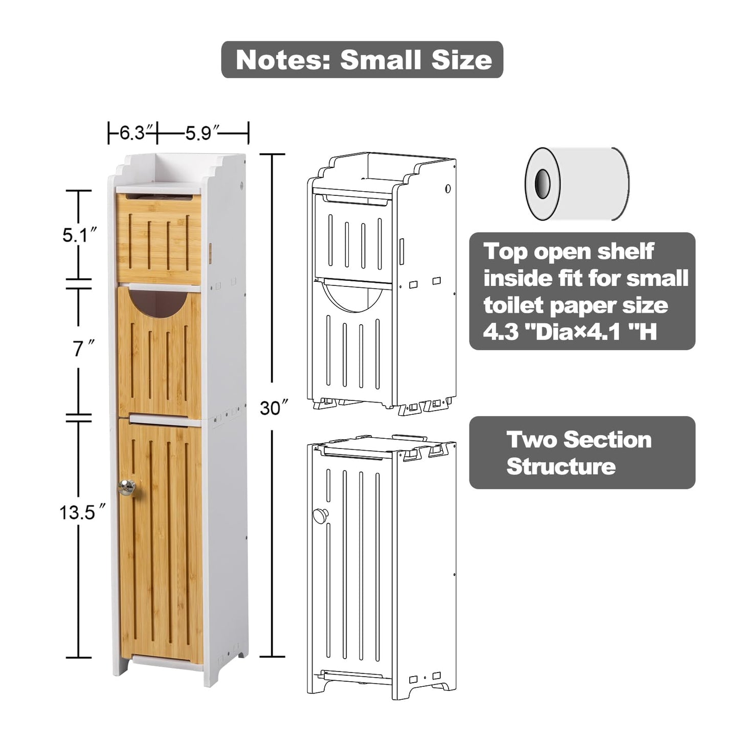 AOJEZOR Bathroom Storage Cabinet: Small Bathroom Storage Cabinet for Small Space - Toilet Paper Cabinet Fit for Small Roll - White