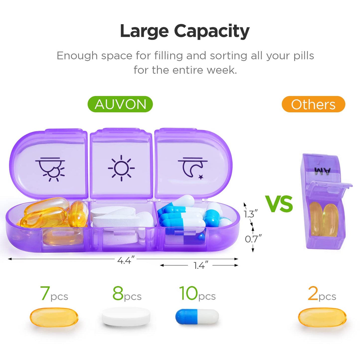 AUVON Weekly Pill Organizer 3 Times a Day, Large 7 Day Pill Box 3 Times a Day with Separate Container, Portable Pill Case for Medication, Vitamins, Fish Oil and Supplements